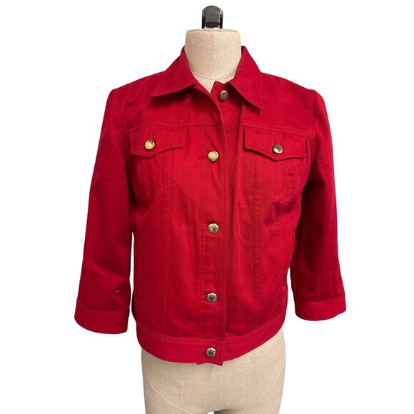 Chaps Red Denim Jacket Womens PM Gold Button Details Cotton Made In Indonesia - Picture 1 of 13